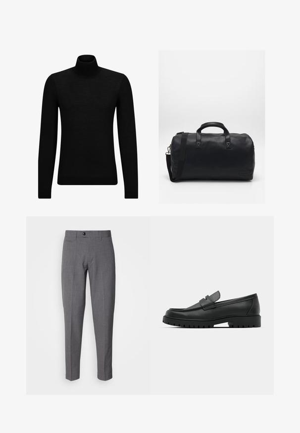 Mustahuivi neule, joka on valmistettu pehmeästä materiaalista, jossa on pitkät hihat ja tiukka istuvuus. Ribbaus reunassa ja hihansuissa. Yksinkertainen muotoilu.; Harmaat muotikatkaisuhousut, joissa on sileä pinta, yksinkertainen nappisulku, etutaskut ja kapea leikkaus.; Musta nahkaloafers, joissa on pyöreä kärki, ommeltu pinta, matala alusta ja kuvioitu, kuminen ulkopohja.; Mustasilmäkekassi, joka on valmistettu teksturoidusta synteettisestä materiaalista. Varustettu kahdella kahvalla ja säädettävällä olkahihnalla. Yksinkertainen muotoilu ilman näkyviä kuvioita.