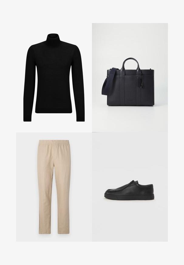 Juodas aukšto kaklo megztinis, pagamintas iš minkštos medžiagos, su ilgomis rankovėmis ir prigludusia forma. Su raukiniais apačioje ir rankogaliuose. Paprastas dizainas.; Bežinės lininės kelnės su elastingu juosmeniu, tiesaus kirpimo dizainu ir minimaliais siūlais, suteikiančiais lygią tekstūrą ir lengvą pojūtį.; Juodos odinės supjamintus batelius su apvaliu pirštu, siuvinėtu akcentu ir juodu guminiu padu. Lygus tekstūra su minimalistišku dizainu.; Tamsiai mėlynas odinis portfelis su dviem viršutinėmis rankenomis ir nuimamu diržu. Yra tekstūruotas paviršius, vertikalios siūlės ir logotipo detalė.