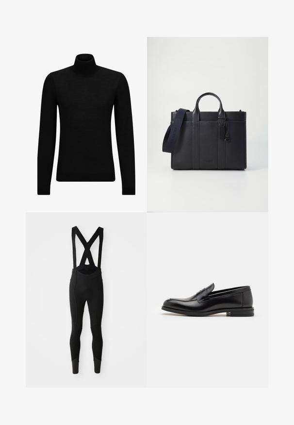 Maglione a collo alto nero realizzato in materiale morbido, con maniche lunghe e vestibilità aderente. Bordo a coste all'orlo e ai polsini. Design semplice.; Salopette da ciclismo nera con bretelle regolabili a forma di X, pannelli testurizzati e gambe aderenti che si restringono alla caviglia.; Mocassini neri in pelle con una texture liscia, punta arrotondata e una striscia decorativa sulla tomaia. Tacco basso impilato, design minimalista.; Cartella in pelle blu scuro con doppio manico superiore e tracolla removibile. Presenta una finitura texturizzata, cuciture verticali e dettaglio del logo.