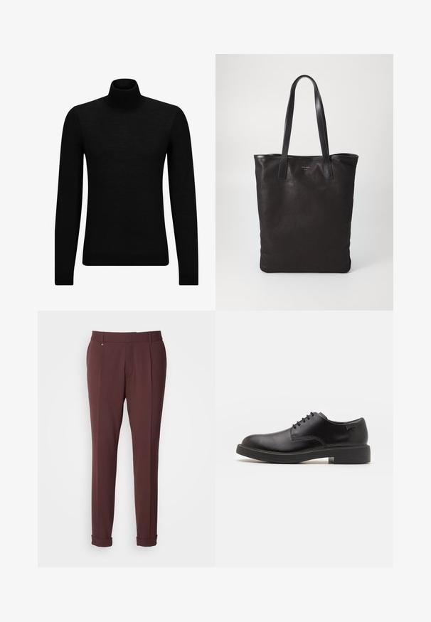 Musthave muströid ja pehmest materjalist must turtleneck, millel on pikad varrukad ja tihe istuvus. Ribaga ääris allservas ja vöökohal. Lihtne disain.; Burgundia värvi kohandatud püksid siledast kangast, millel on vöökohad, eesmine voldik ja rullitud servad, et saavutada ülikitsas väljanägemine.; Must beemel levalis kingad ümarate varvastega, sileda pinnaga, minimaalsete õmblustega ja madala kummist kontsaga. Logo kontsa peal.; Mustmust kott mustade nahkade käepidemetega. Lihtne disain, avar keha ja sile tekstuur. Pole nähtavaid logosid ega mustreid.