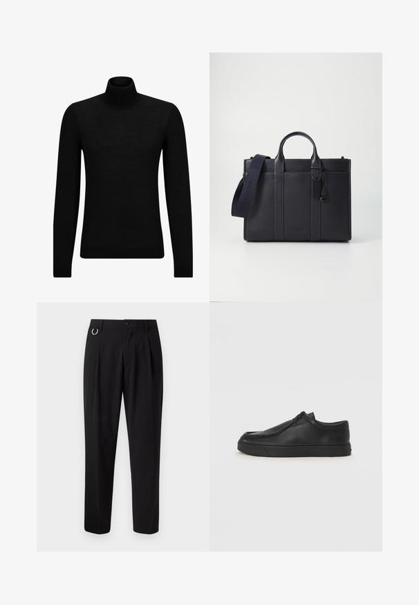 Black turtleneck sweater made of soft material, featuring long sleeves and a snug fit. Ribbed trim at the hem and cuffs. Simple design.; Black trousers with a straight cut, pleated front, belt loops, and a silver ring accent. Made from smooth fabric, no visible patterns.; Black leather slip-on shoe with a rounded toe, stitched detailing, and black rubber sole. Smooth texture with minimalistic design.; Dark navy leather briefcase with dual top handles and a detachable strap. Features textured finish, vertical stitching, and logo detail.