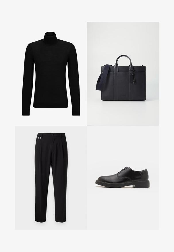 Maglione a collo alto nero realizzato in materiale morbido, con maniche lunghe e vestibilità aderente. Bordo a coste all'orlo e ai polsini. Design semplice.; Pantaloni neri a taglio dritto, con pieghe sul davanti, passanti per cintura e un accento a forma di anello argentato. Realizzati in tessuto liscio, senza motivi visibili.; Scarpa nera in pelle con lacci, punta tonda, texture liscia, cuciture minime e tacco in gomma basso. Logo sul tacco.; Cartella in pelle blu scuro con doppio manico superiore e tracolla removibile. Presenta una finitura texturizzata, cuciture verticali e dettaglio del logo.