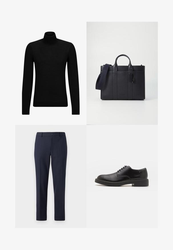 Juodas aukšto kaklo megztinis, pagamintas iš minkštos medžiagos, su ilgomis rankovėmis ir prigludusia forma. Su raukiniais apačioje ir rankogaliuose. Paprastas dizainas.; Jūrų kadros kelnės, pagamintos iš lygios medžiagos, su tiesiu kirpimu, diržo kilpos ir viena mygtuko uždarymo juosmens.; Juodas odinis batų modelis su raišteliais, apvaliu nosiu, lygiu paviršiumi, minimaliai siuvinėjimu ir žemu guminėmis pakulne. Ant pakulnės šalia logo.; Tamsiai mėlynas odinis portfelis su dviem viršutinėmis rankenomis ir nuimamu diržu. Yra tekstūruotas paviršius, vertikalios siūlės ir logotipo detalė.
