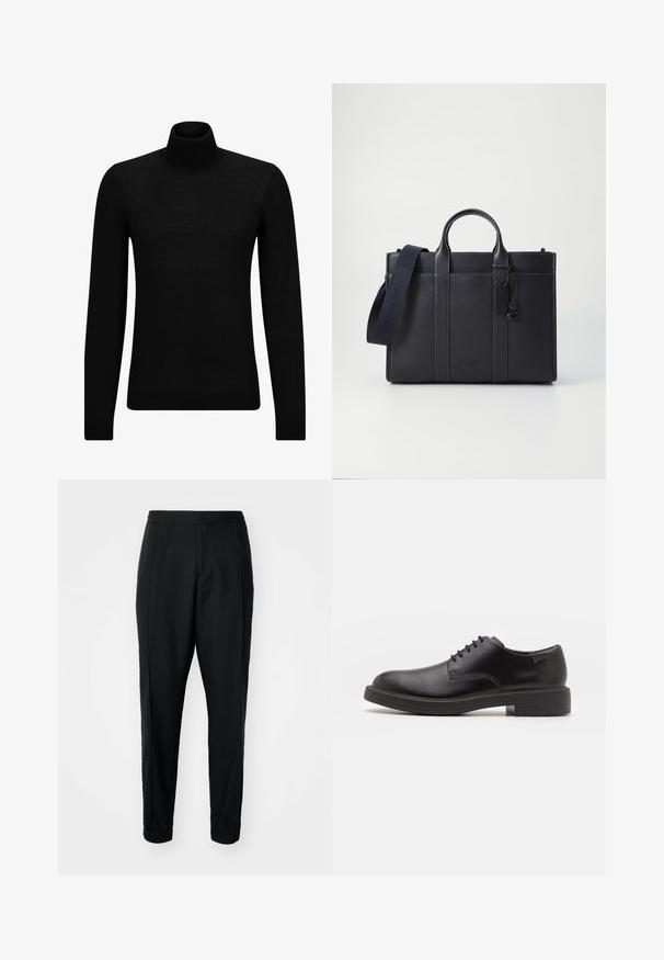 Melnā augstā kakla džemperis, kas izgatavots no mīksta materiāla, ar garām piedurknēm un pieguļušu piegriezumu. Ribota apdare ap apakšu un piedurknēm. Vienkāršs dizains.; Melni sašaurināti bikses ar gludu tekstūru, elastīgu jostu un piedurkņu galiem. Priekšpusē ir krokas, lai nodrošinātu pielāgotu izskatu.; Melna āda sašūta kurpe ar noapaļotu purngalu, gludu tekstūru, minimālu šuvju skaitu un zemu gumijas papēdi. Logo uz papēža.; Tumši jūras zila ādas portfelis ar divām augšējām rokturiem un noņemamu siksnu. Ar teksturētu apdari, vertikālām šuvēm un logo detaļu.