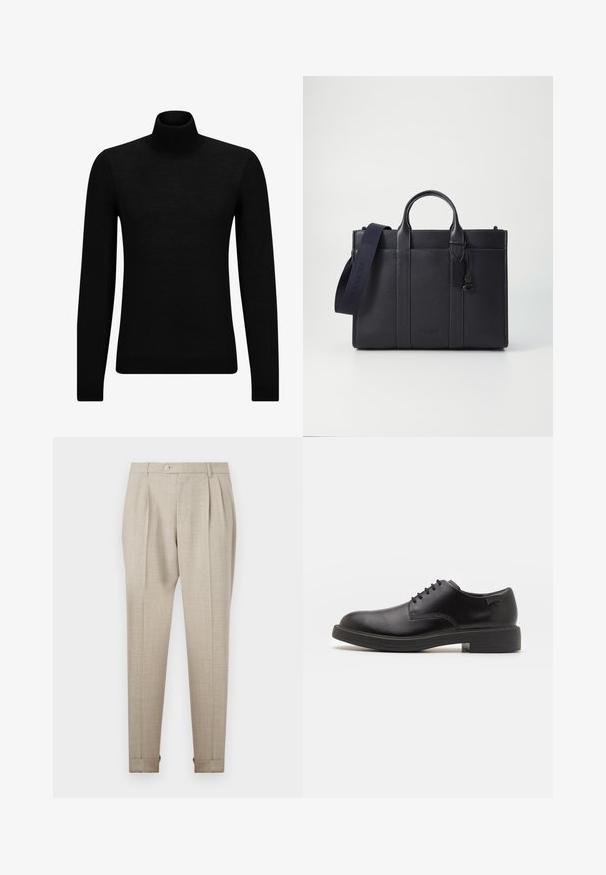 Black turtleneck sweater made of soft material, featuring long sleeves and a snug fit. Ribbed trim at the hem and cuffs. Simple design.; Beige pleated trousers with a smooth texture, featuring a front button closure and rolled hems. Tailored fit and straight leg design.; Black leather lace-up shoe with a rounded toe, smooth texture, minimal stitching, and a low rubber heel. Logo on the heel.; Dark navy leather briefcase with dual top handles and a detachable strap. Features textured finish, vertical stitching, and logo detail.