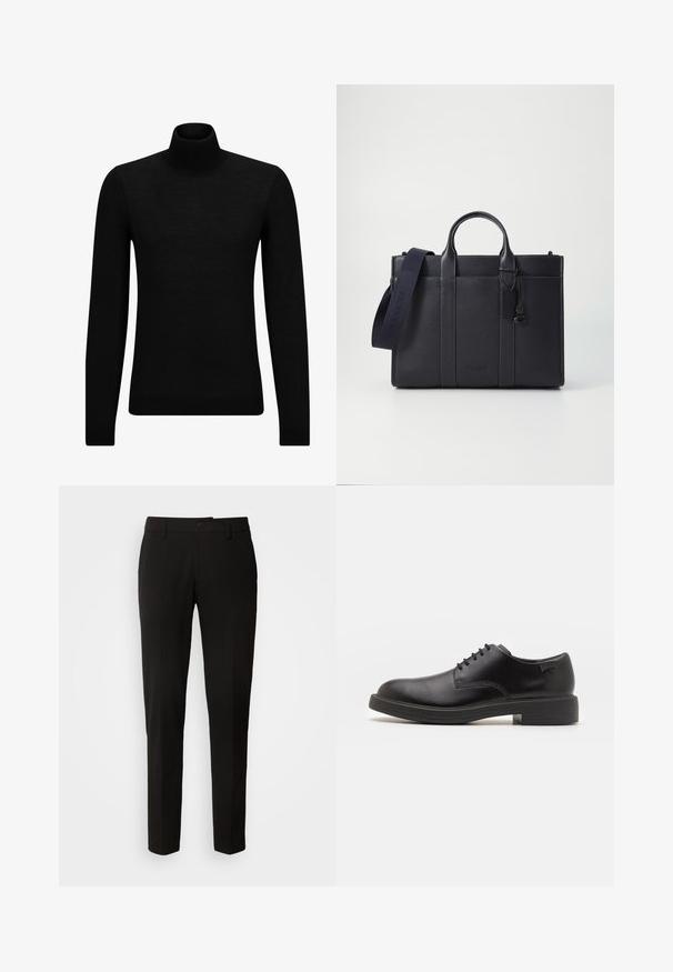 Crni dukserica s visokim ovratnikom, napravljena od mekanog materijala, s dugim rukavima i priljubljenim krojem. Rebrasti detalji na donjem rubu i rukavima. Jednostavan dizajn.; Crne hlače ravnog kroja, s kopčanjem na dugme, petljama za pojas i glatkom teksturom tkanine. Nema vidljivih uzoraka ili akcenata.; Crne kožne cipele s vezanjem i zaobljenim vrhom, glatke teksture, minimalnim šavovima i niskim gumiranim potplatom. Logo se nalazi na peti.; Tamno plavi kožni aktovka s dvije gornje ručke i odvojivim remenom. Ima teksturiranu površinu, vertikalno šivenje i detalj s logotipom.