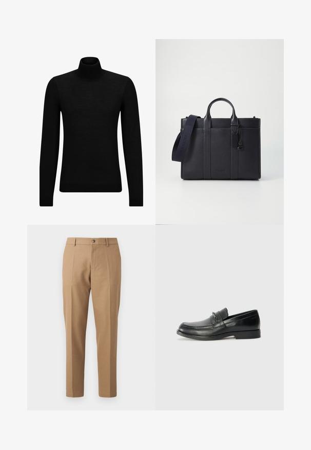 Black turtleneck sweater made of soft material, featuring long sleeves and a snug fit. Ribbed trim at the hem and cuffs. Simple design.; Tan tailored trousers with a straight-leg design, featuring a single front crease, a button closure, and subtle stitching details.; Black leather loafers with a rounded toe, featuring a stitched design, a small front strap with hardware detailing, and a flat rubber sole.; Dark navy leather briefcase with dual top handles and a detachable strap. Features textured finish, vertical stitching, and logo detail.