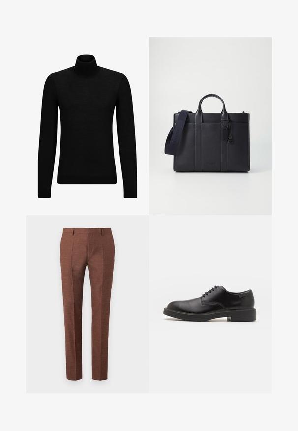 Czarny sweter z golfem wykonany z miękkiego materiału, z długimi rękawami i dopasowanym krojem. Żebrowane wykończenie na dolnym brzegu i mankietach. Prosty design.; Brązowe lniane spodnie o teksturowanym wykończeniu, charakteryzujące się dopasowanym krojem, przeszytymi fałdami z przodu oraz dwiema bocznymi kieszeniami.; Czarny skórzany but za kostkę z okrągłym noskiem, gładką fakturą, minimalnym przeszyciem i niskim gumowym obcasem. Logo na pięcie.; Ciemnogranatowa skórzana teczka z podwójnymi rączkami u góry i odpinanym paskiem. Posiada teksturowane wykończenie, pionowe przeszycia oraz detal z logo.