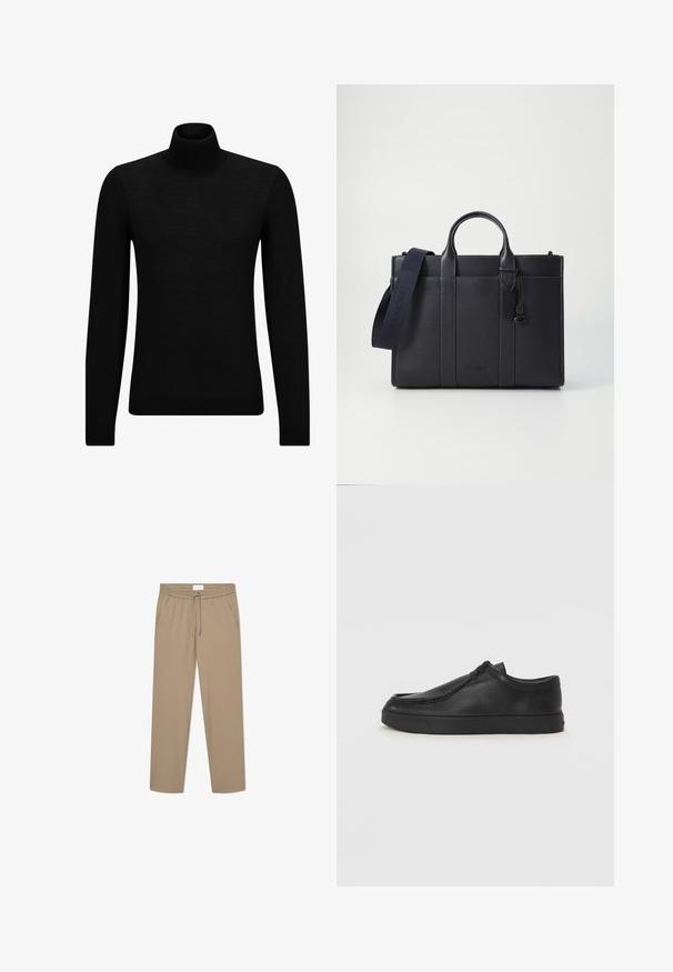 Fekete garbó pulóver puha anyagból, hosszú ujjakkal és szoros fazonnal. Ribbed díszítés az alján és az ujjak végén. Egyszerű dizájn.; Beige elasztikus nadrág, gumis derékkal és húzózsinórral, két oldalsó zsebbel és egyenes szabással. Sima textúra.; Fekete bőr slip-on cipő lekerekített orral, varrott részletekkel és fekete gumitalppal. Simaság és minimalista dizájn jellemzi.; Sötét tengerészkék bőr aktatáska, dupla felső fogantyúval és levehető pánttal. Texturált felülettel, függőleges varrással és logó részlettel rendelkezik.