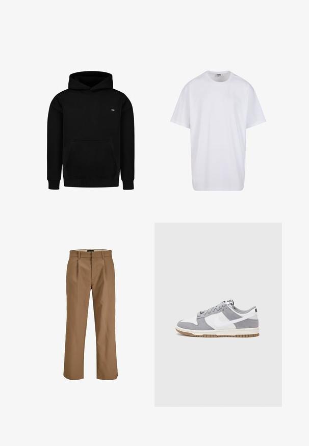 Black hoodie made of cotton blend fabric. Features a front pouch pocket, ribbed cuffs and hem, and a small logo on the chest. Simple design.; White cotton t-shirt with short sleeves, rounded neckline, relaxed fit, and no visible logos or patterns. Smooth texture and minimal design.; Brown trousers made of a smooth fabric, featuring a straight cut, pleats at the front, and belt loops. No visible patterns or accents.; Gray and white sneaker with a suede and leather upper, rounded toe, flat laces, and a rubber sole featuring a gum accent.