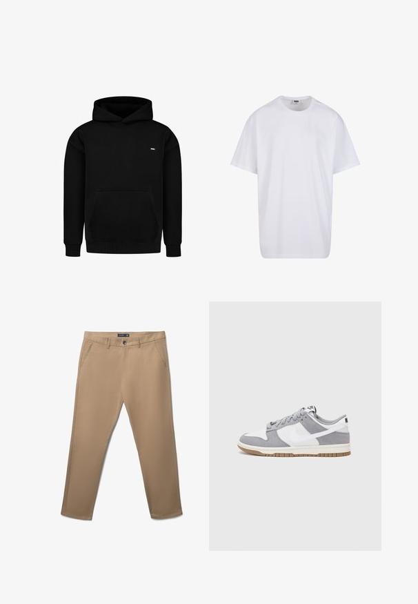 Felpa con cappuccio nera realizzata in tessuto misto cotone. Presenta una tasca a marsupio frontale, polsini e orlo a coste, e un piccolo logo sul petto. Design semplice.; Maglietta bianca in cotone con maniche corte, scollatura rotonda, vestibilità comoda e senza loghi o motivi visibili. Texture liscia e design minimale.; Pantaloni leggeri beige con una texture liscia, gambe dritte, tasche anteriori e chiusura con bottone. Presentano un'etichetta del marchio discreta sopra la vita.; Sneaker grigia e bianca con tomaia in suede e pelle, punta arrotondata, lacci piatti e soletta in gomma con un accento color caramello.