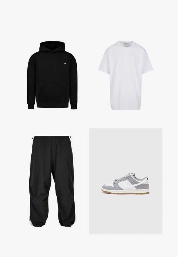 Zwarte hoodie gemaakt van katoenmix stof. Voorzien van een steekzak aan de voorkant, geribbelde boorden en zoom, en een klein logo op de borst. Eenvoudig ontwerp.; Witte katoenen t-shirt met korte mouwen, ronde hals, relaxte pasvorm en zonder zichtbare logo's of patronen. Gladde textuur en minimalistisch ontwerp.; Zwarte, losvallende broek van lichtgewicht stof; heeft een elastische tailleband en verstelbare trekkoorden aan de zoom.; Nike sneakers hebben een bovenzijde van grijs suède en wit leer met perforaties, ronde veters en een gum zool voor grip.