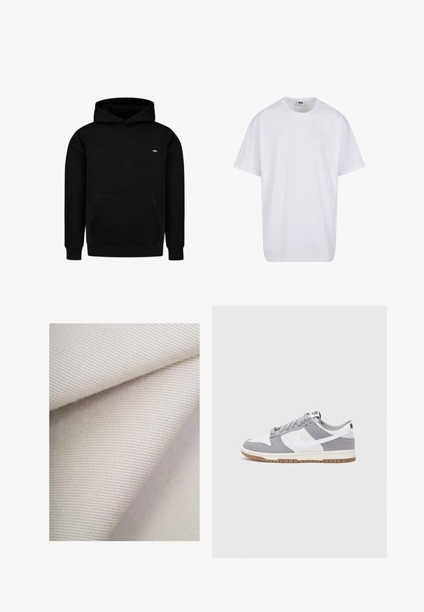 Black hoodie made of cotton blend fabric. Features a front pouch pocket, ribbed cuffs and hem, and a small logo on the chest. Simple design.; White cotton t-shirt with short sleeves, rounded neckline, relaxed fit, and no visible logos or patterns. Smooth texture and minimal design.; Beige canvas fabric folded to show texture and weave. The surface is smooth with a subtle sheen, suited for textiles or upholstery.; Nike sneakers feature a gray suede and white leather upper with perforations, round laces, and a gum sole for traction.