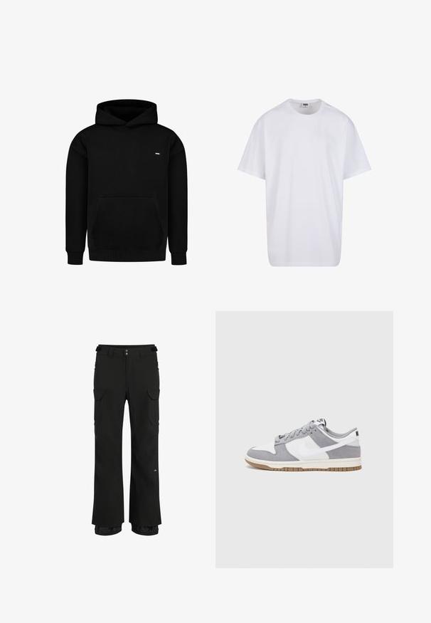 Czarna bluza z kapturem wykonana z bawełnianej mieszanki tkanin. Posiada przednią kieszeń typu kangur, prążkowane mankiety i dół, oraz małe logo na piersi. Prosty design.; Biała bawełniana koszulka z krótkimi rękawami, okrągłym dekoltem, luźnym krojem i bez widocznych logo lub wzorów. Gładka tekstura i minimalistyczny design.; Czarne spodnie cargo o luźnym kroju, z wieloma bocznymi kieszeniami, regulowanym pasem i wodoodpornym materiałem do użytku na zewnątrz.; Szare i białe trampki z zamszową i skórzaną cholewą, okrągłym noskiem, płaskimi sznurówkami i gumową podeszwą z akcentem w kolorze gumy.