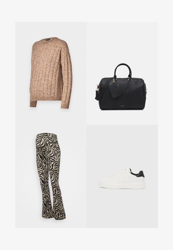 Rjav rebrast pulover s okroglim ovratnikom, ki se ponaša z teksturiranim pletenim vzorcem. Dolgi rokavi in sproščen kroj s vidnimi šivi.; Hlače s širokimi robovi, narejene iz teksturirane tkanine, z vzorcem črno-bež zebra črt. Oblikovanje vključuje visok pas in široke noge.; Beli usnjeni superge z embosiranim vzorcem, teksturiranimi belimi srednjimi podplati in črnim poudarkom na peti. Imajo zaobljen nos in ravne vezalke.; Črna usnjena športna torba z zlatim okovjem, dvojni zgornji ročaji, nastavljiv naramnico in odstranljiv žep za oznake.