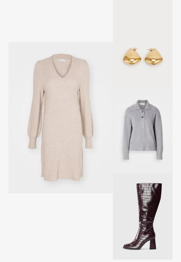Šedý vlněný svetr s žebrovaným lemem, oversize límcem a třemi velkými knoflíky vpředu. Měkká textura. Uvolněný, pohodlný střih.; Béžové pletené šaty s výstřihem do V, dlouhými nafouklými rukávy a žebrovanou texturou. Mají boční rozparky pro lepší detail a pohodlí.; Tmavě burgundské kozačky do kolen s krokodýlí texturou a blokovým podpatkem na bílém pozadí, zobrazené z boku.; Náušnice z kovu ve zlatém tónu s hladkým, zaobleným trojúhelníkovým tvarem a designem na zadní upevnění; lesklý povrch s minimálními detaily.