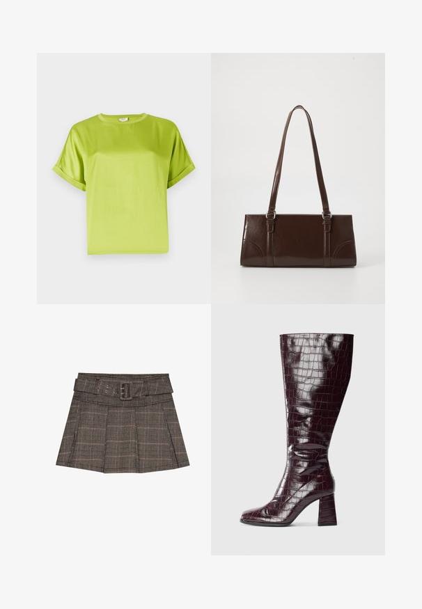 Grauer Wollpullover mit geripptem Saum, übergroßem Kragen und drei großen Knöpfen auf der Vorderseite. Weiche Textur. Lässiger, entspannter Schnitt.; Helles grünes Kurzarmoberteil mit Rundhalsausschnitt. Glattes, glänzendes Material mit lockerer Passform. Aufgerollte Ärmel und gerade Saum.; Karierte Miniröcke in Schwarz, Braun und Beige. Er verfügt über eine taillierte Taille, Falten und einen strukturierten Stoff mit einem geometrischen Muster.; Dunkelburgunderfarbene knielange Stiefel mit Krokodillederstruktur und Blockabsatz vor weißem Hintergrund, seitlich dargestellt.; Braune Lackleder-Handtasche in rechteckiger Form, mit zwei langen Griffen und subtilen, geschwungenen Akzenten auf der Vorderseite.; Goldfarbene Metallohrringe in einer glatten, abgerundeten dreieckigen Form mit Steckverschluss; reflektierende Oberfläche mit minimaler Detailarbeit.