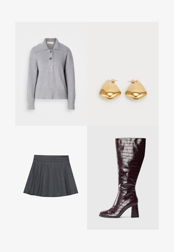 Gray wool sweater with a ribbed hem, oversized collar, and three large buttons on the front. Soft texture. Casual, relaxed fit.; Gray pinstriped skater skirt with a fitted waistband, flared A-line shape, and soft fabric texture. Vertical lines enhance visual interest.; Dark burgundy knee-high boot with crocodile texture and block heel on a white background, shown from the side.; Gold-tone metal earrings with a smooth, rounded triangular shape and post-back design; reflective surface with minimal detailing.