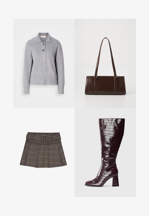 Grå uldtrøje med ribbet kant, oversized krave og tre store knapper på fronten. Blød tekstur. Casual, afslappet pasform.; Rutet mini nederdel i sort, brun og beige. Har en bælteforstærket talje, plisseringer og et struktureret stof med et geometrisk mønster.; Mørkerød knæhøj støvle med krokodillemønster og blokhælm, vist fra siden på en hvid baggrund.; Brun lakeret håndtaske med rektangulær form, to lange håndtag og subtile buede detaljer på fronten.; Guldtonede metaløreringe med en glat, rund trekantet form og post-back design; reflekterende overflade med minimal detaljer.