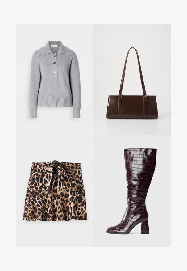 Pull en laine grise avec un ourlet côtelé, un col surdimensionné et trois grands boutons à l'avant. Texture douce. Coupe décontractée et ample.; Jupe mini en imprimé léopard fabriquée en tissu doux, avec un design évasé, une taille nouée et des taches contrastantes noires et brunes sur un fond beige.; Botte à genoux bordeaux foncé avec texture crocodile et talon bloc sur fond blanc, vue de côté.; Sac à main en cuir verni marron de forme rectangulaire, avec deux longues poignées et des accents courbés subtils à l'avant.; Boucles d'oreilles en métal doré avec une forme triangulaire lisse et arrondie et un design à attache de tige ; surface réfléchissante avec un minimum de détails.