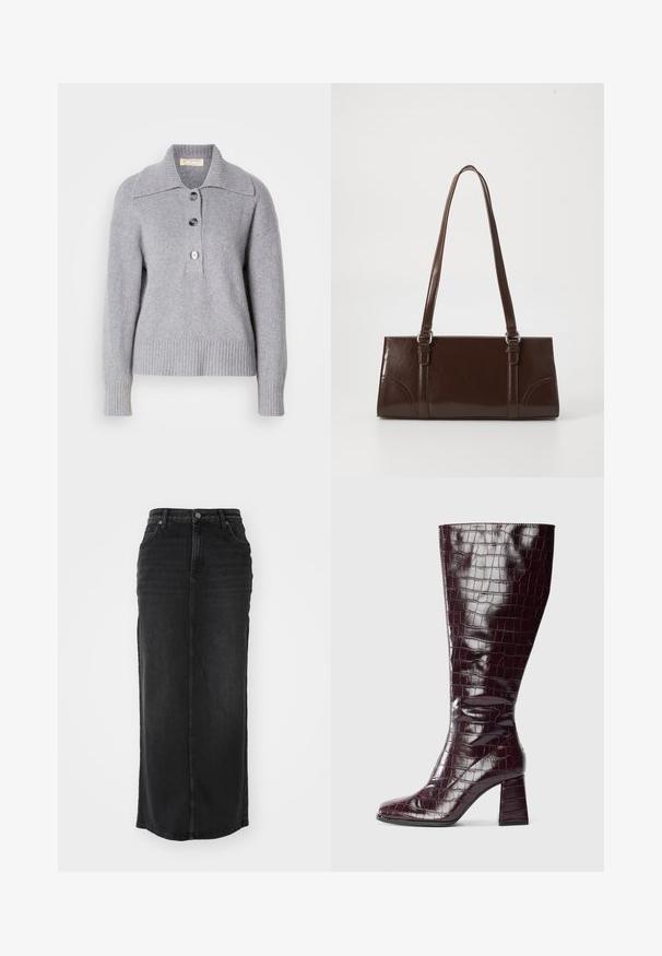 Pulover gri din lână cu tiv dantelat, guler supradimensionat și trei nasturi mari în față. Textură moale. Croi casual, lejer.; Fustă maxi din denim negru cu croială dreaptă, talie medie, buzunare frontale și cusături vizibile pe șanțuri.; Cizma de culoare burgundy închis, până la genunchi, cu textură de crocodil și toc pătrat, pe un fundal alb, văzută din lateral.; Geantă din piele patent maro, cu o formă rectangulară, două mânere lungi și accente ușor curbe pe față.; Cercei din metal de culoare aurie, cu o formă triangulară rotunjită și un design cu prindere pe spate; suprafață reflectorizantă cu detalii minime.