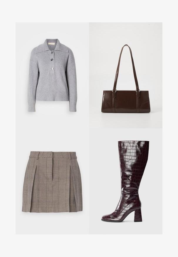 Pulover gri din lână cu tiv dantelat, guler supradimensionat și trei nasturi mari în față. Textură moale. Croi casual, lejer.; Fustă cu carouri maro, cu talie ajustată, plisuri pe laterale și o textură modelată, realizată dintr-un material ușor țesut.; Cizma de culoare burgundy închis, până la genunchi, cu textură de crocodil și toc pătrat, pe un fundal alb, văzută din lateral.; Geantă din piele patent maro, cu o formă rectangulară, două mânere lungi și accente ușor curbe pe față.; Cercei din metal de culoare aurie, cu o formă triangulară rotunjită și un design cu prindere pe spate; suprafață reflectorizantă cu detalii minime.