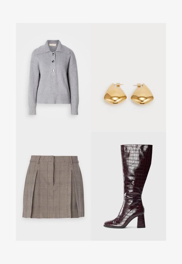 Maglione grigio in lana con orlo a coste, colletto oversize e tre grandi bottoni sul davanti. Texture morbida. Vestibilità casual e rilassata.; Gonna a quadri marrone con vita aderente, pieghe sui lati e una texture a fantasia, realizzata in un tessuto leggero e tessuto.; Stivale al ginocchio bordeaux scuro con texture coccodrillo e tacco a blocco su uno sfondo bianco, mostrato di lato.; Orecchini in metallo dorato con forma triangolare liscia e arrotondata e design con chiusura a perno; superficie riflettente con minimalismo nei dettagli.
