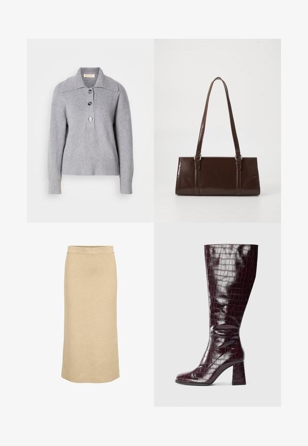 Hall vaipadega hall villane sviiter, oversized krae ja kolm suurt nööpi ees. Pehme tekstuur. Igapäevaselt sobiv, mugav lõige.; Kootud midi seelik helesuhkrus, millel on ribatasku ja sirge siluett, millel on sile ja pehme tekstuur.; Tume burgundi värvi kuni põlveni ulatuv saabas, millel on krokodilli tekstuur ja plokk-konts, valgel taustal, kuvand külgvaates.; Pruun läikiv naha käekott, millel on ristkülikuline kuju, kaks pikka käepidet ja esipaneelil peened kõverad aktsendid.
