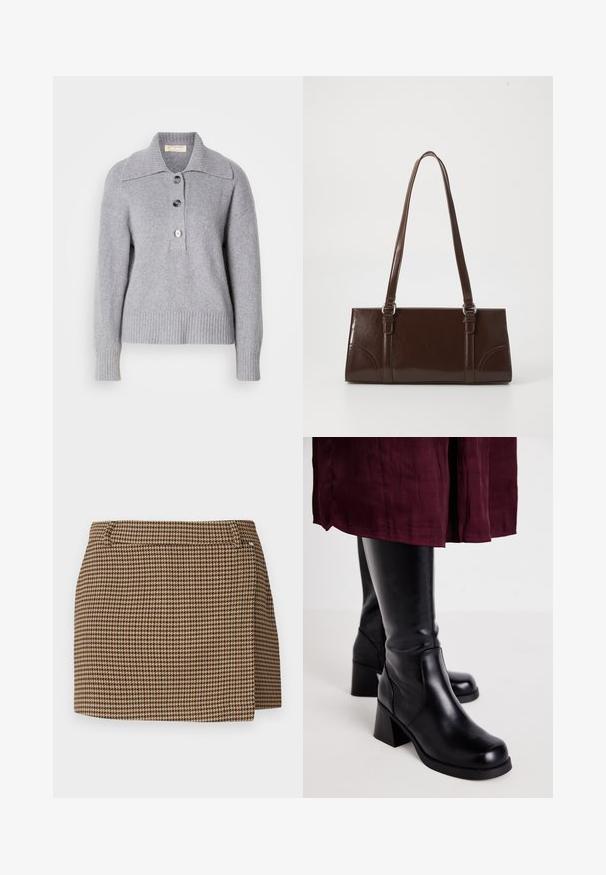 Gray wool sweater with a ribbed hem, oversized collar, and three large buttons on the front. Soft texture. Casual, relaxed fit.; Brown and beige houndstooth-patterned mini skirt with a slight wrap detail and belt loops on a white background.; Black knee-high boots with a smooth leather finish, rectangular block heels, and side stitching detail, paired with a maroon skirt.; Brown patent leather handbag with a rectangular shape, two long handles, and subtle curved accents on the front.