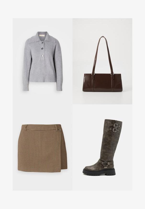 Suéter de lana gris con dobladillo acanalado, cuello sobredimensionado y tres botones grandes en la parte frontal. Textura suave. Corte casual y relajado.; Mini falda de patrón de espiga en marrón y beige con un ligero detalle de envoltura y presillas para cinturón sobre un fondo blanco.; RAID DERRY - Botas de tacón - grey; Bolso de mano de piel sintética marrón con forma rectangular, dos asas largas y sutiles acentos curvados en la parte delantera.; Pendientes de metal en tono dorado con forma triangular suave y redondeada, y diseño de cierre a presión; superficie reflectante con un detalle mínimo.