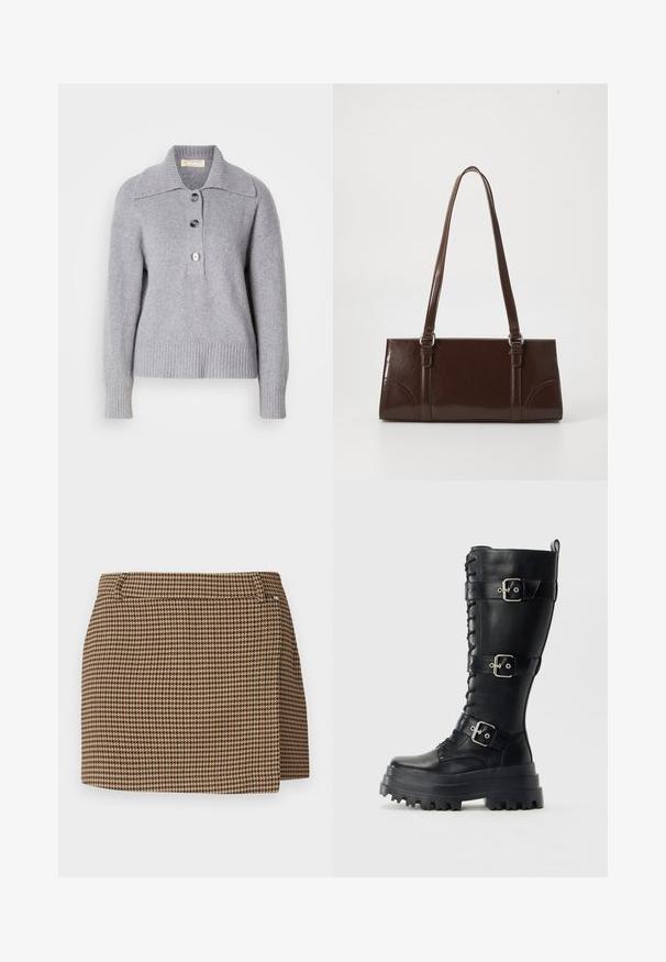 Sivý vlnený sveter s rebrovaným lemom, oversize golierom a troma veľkými gombíkmi na prednej strane. Mäkká textúra. Pohodlný, uvoľnený strih.; Hnedá a béžová mini sukňa s houndstooth vzorom, so slabým detailom prekladu a pútkami na opasok na bielom pozadí.; Vysoká čierna kožená bojová topánka s hrubou podrážkou, tromi nastaviteľnými prackami a detailom šnurovania vpredu na jednoduchom pozadí.; Hnedá lakovaná kožená kabelka s obdĺžnikovým tvarom, dvoma dlhými rúčkami a jemne zakrivenými akcentami na prednej strane.; Náušnice z kovu v zlatej farbe s hladkým, zaobleným trojuholníkovým tvarom a dizajnom na zapichovanie; reflexný povrch s minimálnymi detailmi.