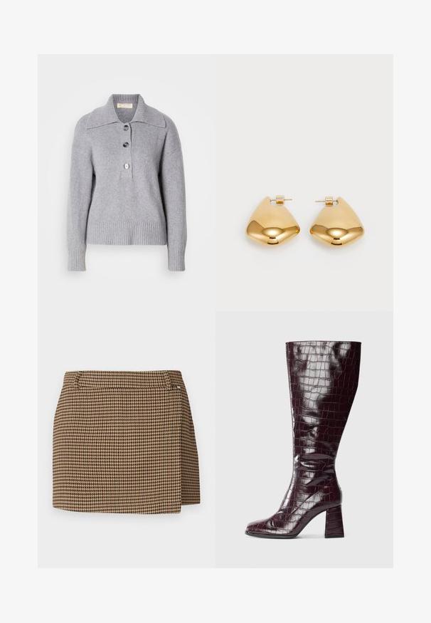 Grijze wollen trui met een geribbelde zoom, oversized kraag en drie grote knopen aan de voorkant. Zachte textuur. Casual, relaxte fit.; Bruine en beige houndstooth-gevlekte mini-jurk met een lichte wikkel-detail en riemlussen op een witte achtergrond.; Donker burgundy knie-hoge laars met krokodillenstructuur en blokhak op een witte achtergrond, zijaanzicht weergegeven.; Goudkleurige metalen oorbellen met een glad, afgerond driehoekig ontwerp en een post-back sluiting; reflecterend oppervlak met minimale details.