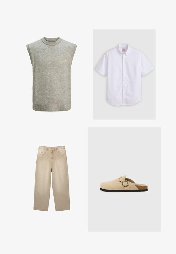 Maglione senza maniche di colore grigio chiaro, lavorato a maglia, con collo rotondo a coste, aperture per le braccia e orlo a coste.; Camicetta bianca a maniche corte in cotone, con colletto button-down, texture sottile, orlo curvo e chiusura tradizionale con bottoni.; Jeans in denim beige a gamba larga con vita alta, dotati di orlo sfrangiato, due tasche frontali e dettagli di cucitura sottili.; Zoccoli beige in suede con piede in sughero, punta rotonda e una semplice fascia con una fibbia dorata. Suola in gomma per una buona aderenza.