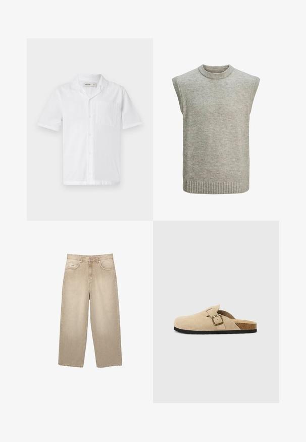 Jasnoszary, dziany bezrękawnik z prążkowanym okrągłym dekoltem, wykończeniem otworów na ramiona oraz dolnym brzegiem.; Biała koszula z krótkim rękawem na guziki z kieszonką, charakteryzująca się teksturowanym materiałem i luźnym wzornictwem kołnierza.; Beżowe dżinsy typu wide-leg z wysokim stanem, z postrzępionym dołem, dwoma przednimi kieszeniami oraz subtelnymi detalami w szwie.; Beżowe zamszowe klapki z korkową wkładką, zaokrąglonym noskiem i prostym paskiem z złotym zapięciem. Gumowa podeszwa zapewniająca przyczepność.