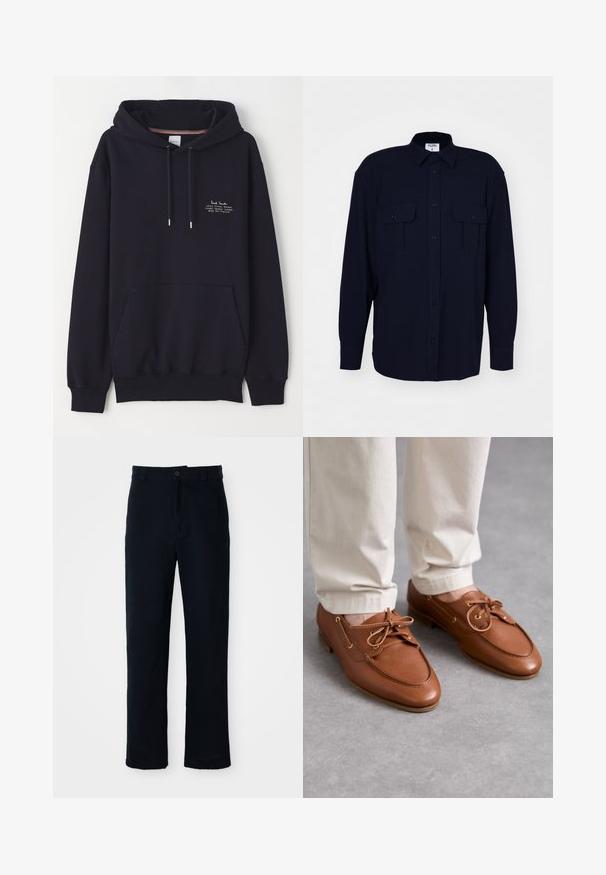 Granatowy hoodie z przednią kieszenią, sznurkami do regulacji i małym białym napisem z informacjami o marce i adresie. Wykonany z miękkiego materiału.; Filippa K - Koszula; Granatowe spodnie wykonane z bawełny, z prostą nogawką, z zapięciem na guziki z przodu oraz klasycznym pasem z pętelkami na pasek.; Bally PATHY brązowy