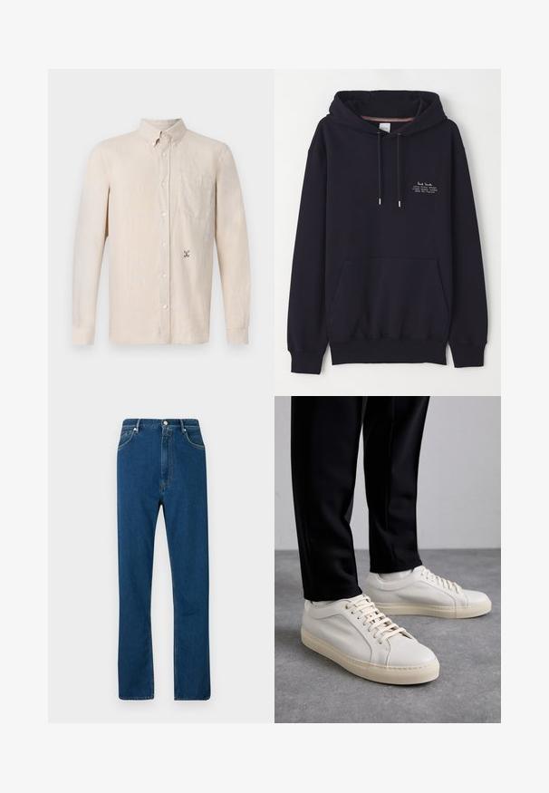 Tummansinihdinen huppari, jossa on etutasku, narut ja pieni valkoinen teksti, joka kertoo brändin ja osoitteen. Valmistettu pehmeästä kankaasta.; Vaaleanbeige pitkähihaisessa paidassa on kaulus, napitettu etuosa, yksi rintatasku ja hienovarainen brodeerattu kuvio vasemmalla puolella.; Siniset farkut, joissa on korkea vyötärö, suorahihaisesta muotoilusta, viisi taskua ja vakiovärinen oranssi ommel. Sileä rakenne.; Vaaleanbeige nahkakengät, joissa on litteät nauhat, teksturoitu pinta ja kontrastiväri kermanvalkoinen kumipohja, yhdistettynä mustiin kapeisiin housuihin.