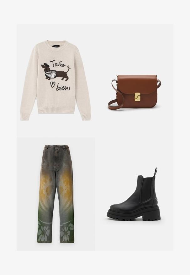 Beige strikket sweater med et design af en dachshund iført et stripet tørklæde. Teksten "Très bien" i et legende skrifttype. Ribbet manchetter og kant.; Højtaljede jeans i tilfældig denim med et gradientmønster, der blander gule, grønne og blå nuancer; blomsterdesign nær kanten.; Sorte chelsea støvler lavet af glat læder med elastiske sidepaneler, en tyk, rillede gummisål og en pull-tab bagpå.; Brun læder håndtaske med flaplukning, hardware i gyldent tone, en skulderrem og en glat overflade. Kompakt rektangulær form.