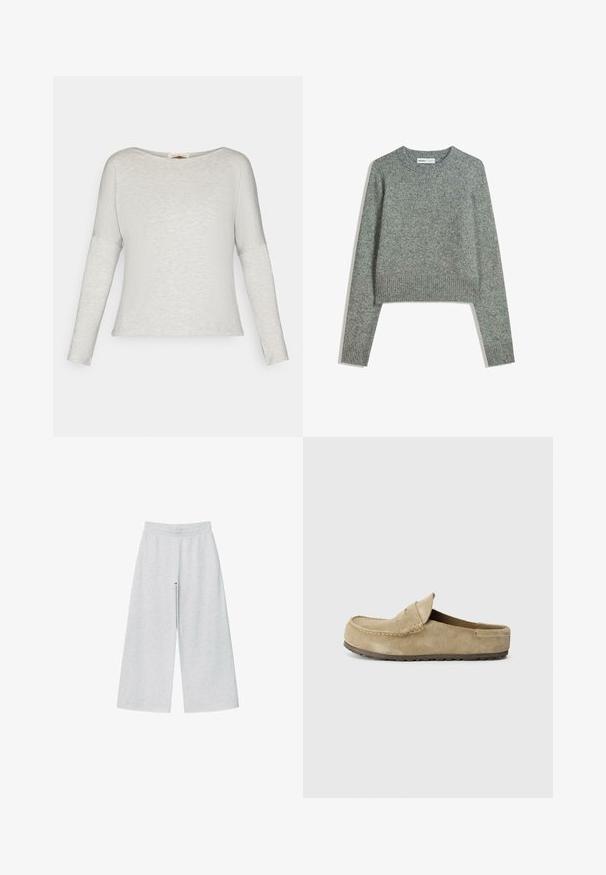 Light gray cropped sweater made of soft, textured material. Features long sleeves, a ribbed neckline, and a ribbed hem. Simple design.; Light gray long-sleeve top with a rounded neckline and textured fabric. The sleeves are slightly fitted, and the design is loose and casual.; Light gray wide-leg pants made of soft fabric with an elastic waistband. The design features a loose fit for comfort and ease of movement.; Birkenstock NAPLES WRAPPED LEVE TAUPEN - REGULAR - Mules - taupe