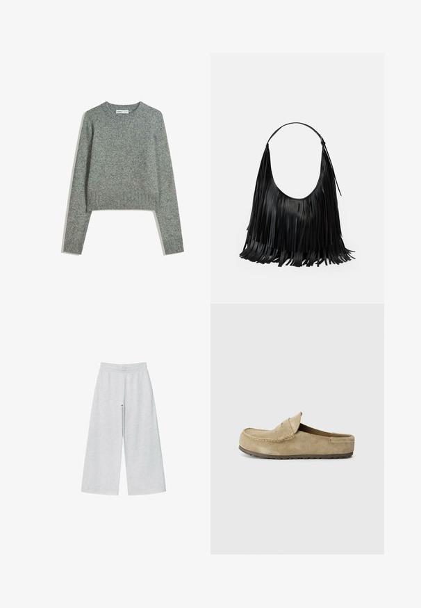 Lichtgrijze cropped sweater gemaakt van zacht, gestructureerd materiaal. Heeft lange mouwen, een geribde halslijn en een geribde onderrand. Eenvoudig ontwerp.; Lichtgrijze wijde broek van zacht materiaal met een elastische tailleband. Het ontwerp heeft een losse pasvorm voor comfort en bewegingsvrijheid.; Birkenstock NAPLES WRAPPED LEVE TAUPEN - REGULAR - Muiltjes - taupe; Zwarte leren tas met franjes, gebogen vorm en een enkele schouderriem. Gladde textuur met een algeheel minimalistisch ontwerp.