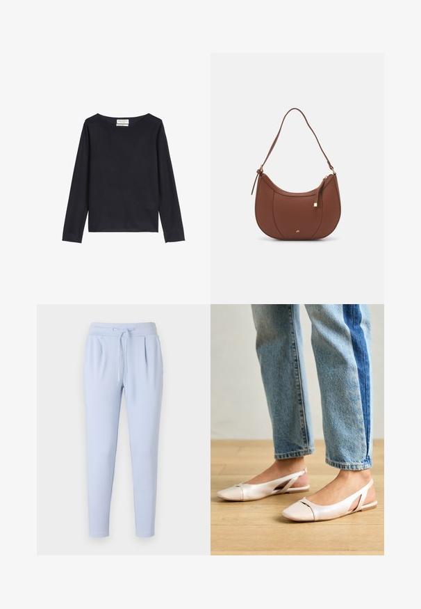 Marc O'Polo Džemperis - deep night blue; Gaiši zili sporta bikses ar auklu jostasvietā, sašaurinātiem galotnēm un priekšējiem krokām. Izgatavotas no mīksta, elpojoša auduma.; Bālti rozā siksniņu dzīvokļi ar smailu purngalu, izgatavoti no gludas ādas līdzīgās materiāla. Iezīmē izgriezumu detaļas sānos un platu papēdi.; Brūns mākslīgās ādas pleca soma ar izliekta forma, minimāls šuvums un zelta toņa aparatūras akcenti. Aprīkota ar augšējo rāvējslēdzēju un regulējamu siksnu.