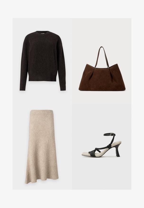 Samsøe Samsøe ANOUR - Pullover - black coffee; Jupe mi-longue en A de couleur beige doux avec une surface texturée et sans fermetures ni motifs visibles.; Sandale à talon noir avec un design de brides tressées, bout carré et bride de cheville réglable. Semelle intérieure beige claire avec un talon noir brillant.; Sac fourre-tout en suède marron avec deux anses, de forme rectangulaire spacieuse et au design minimaliste. Texture douce avec une finition lisse.
