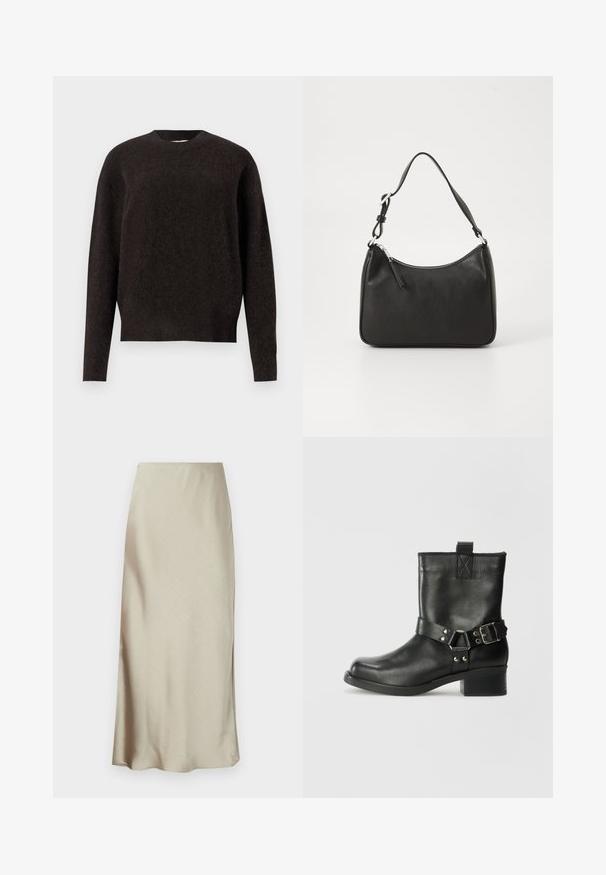Samsøe Samsøe ANOUR  - Pullover - black coffee; Une longue jupe beige clair en tissu lisse présente une légère brillance et un ourlet évasé, offrant un design épuré et minimaliste.; Samsøe Samsøe SABRENTA  - Bottines de cowboy / motard - black; Sac à main en cuir noir avec une forme courbée, une seule sangle, fermeture éclair et un logo discret à l'avant. Texture lisse, design minimaliste.