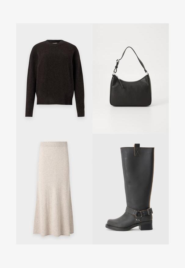 Samsøe Samsøe ANOUR - Striktrøje - black coffee; Lys beige strikket nederdel med ribbede linning, flared A-formet facon og blød tekstur, som har subtile variationer i stoffet.; Sorte læderknæhøje støvler med en tekstureret overflade, der har en sidebuckle-detalje og en lav hæl. Særligt detaljeret syninger langs sømmene.; Sort læderhåndtaske med en buet form, en enkelt rem, lynlås lukning og diskret branding på forsiden. Glat tekstur, minimalistisk design.