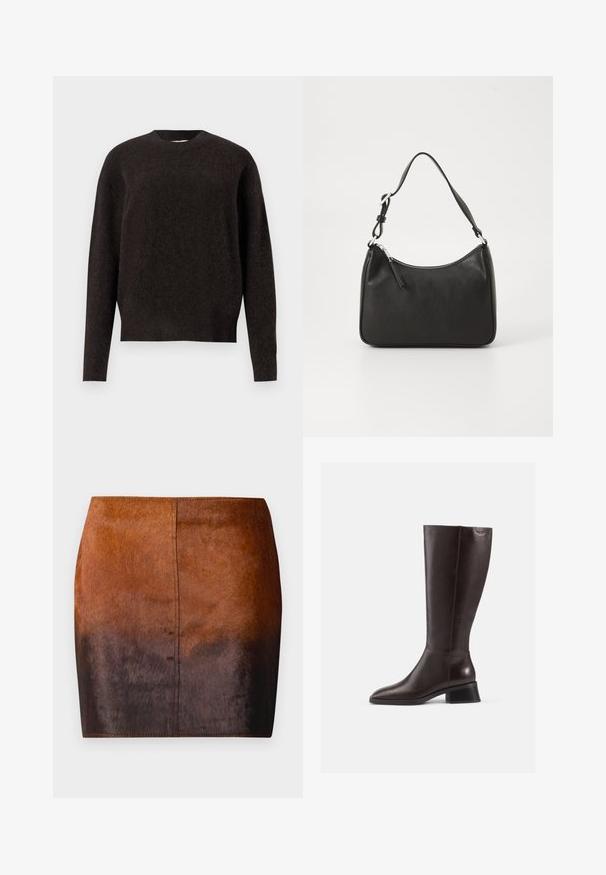 Samsøe Samsøe ANOUR - Strikkegenser - black coffee; Brun gradient mini skjørt laget av mykt materiale, med en jevn tekstur, en tettsittende silhuett og presis søm langs kantene.; Knæhøye brune lærstøvler med glatt finish, rundt tå og stablet svart hæl. Enkelt design med minimale maskinvaredetaljer.; Svart lærveske med en buet form, en enkelt stropp, glidelåslukking og subtil merkevarebygging på forsiden. Glatt tekstur, minimalistisk design.