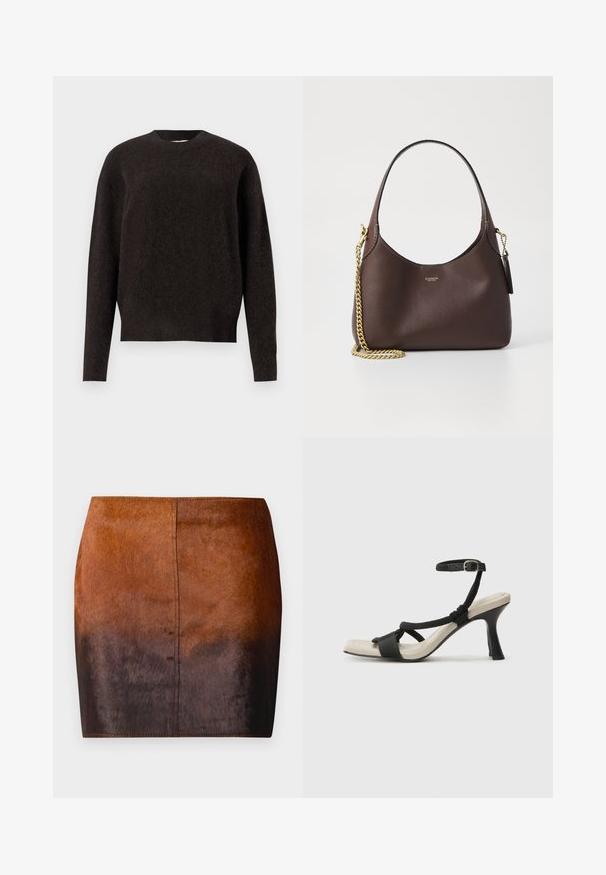 Samsøe Samsøe ANOUR - Svetrík - black coffee; Hnedá gradient mini sukňa vyrobená z jemného materiálu, s hladkou textúrou, priliehajúcim strihom a precíznym šitím pozdĺž okrajov.; Čierne sandále na podpätku s pleteným pásikom, štvorcovou špičkou a nastaviteľným remienkom okolo členka. Svetlobéžová stielka s lesklým čiernym podpätkom.; COACH BROOKLYN SHOULDER BAG 23 - Kabelka - maple