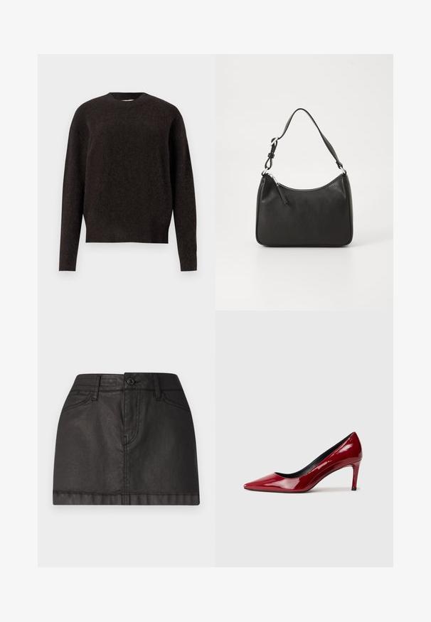 Samsøe Samsøe ANOUR - Strikkegenser - black coffee; Svart denim mini-skjørt med frontknappåpning, beltehanker og to frontlommer. Glatt tekstur med subtil glans.; Rød lakk skinn høyhælte sko med spiss tå og slank hæl. Glatt tekstur med blank overflate og svart innvendig fôr.; Svart lærveske med en buet form, en enkelt stropp, glidelåslukking og subtil merkevarebygging på forsiden. Glatt tekstur, minimalistisk design.