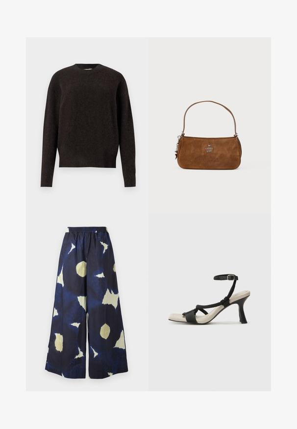 Samsøe Samsøe ANOUR - Vesta - black coffee; Plave i kremaste široke hlače s uzorkom i elastičnim pojasom. Materijal izgleda lagano i teksturirano. Ima nepravilan oblik tijekom cijele hlače.; Crne sandale na visokom potpetici s dizajnom pletenih trakica, kvadratnim vrhom i podešivom trakicom oko gležnja. Svijetlosmeđi ulošci s sjajnim crnim potpeticama.; Smeđa zamjena torba s kratkim remenom. Sadrži srebrni logo, akcentu zvijezde i glatku teksturu. Kompaktni pravokutni oblik.