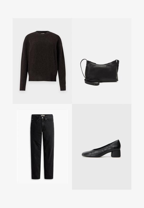 Samsøe Samsøe ANOUR - Vesta - black coffee; Crne ravne traperice s prednjim gumbom i patentnim zatvaračem, petljama za remen i prednjim i stražnjim džepovima, prikazane ravno na bijeloj pozadini.; Crna kožna pumpica s okruglim vrhom i srednje blok petom. Glatka tekstura s minimalnim detaljima, s suptilnim elastičnim otvaranjem.; Crna kožna torba na rame s glatkom teksturom, zakrivljenim oblikom, podesivim remenom i zatvaranjem na patentni zatvarač. Minimalistički dizajn bez ukrasa.