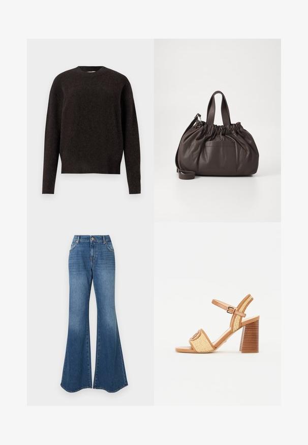 Samsøe Samsøe ANOUR - Vesta - black coffee; Plave traperice u širom kroju s klasičnim traper materijalom, visokim strukom i suptilnim izblijedjenjem, širokim otvorom za gležnjeve, bez vidljivih ukrasa.; Smeđe kožne sandale s petom od pletene slame, koje imaju remen za gležanj, otvoreni vrh i masivnu drvenu petu s horizontalnim prugama.; Samsøe Samsøe SAEMMI MIDI BAG - Ručna torba - dark brown