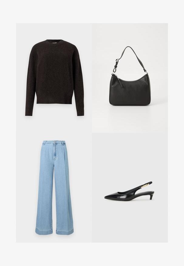 Samsøe Samsøe ANOUR - Jersey de punto - black coffee; Jeans de mezclilla de color azul claro de pierna ancha con una cintura alta, pliegues en la parte delantera y un dobladillo sin terminar para un look casual.; Tacones negros de piel sintética tipo slingback con punta afilada, que cuentan con un tacón delgado y un detalle en tono dorado en la correa ajustable. Textura suave.; Bolso de mano de cuero negro con forma curvada, una sola correa, cierre de cremallera y marcas sutiles en la parte frontal. Textura suave, diseño minimalista.